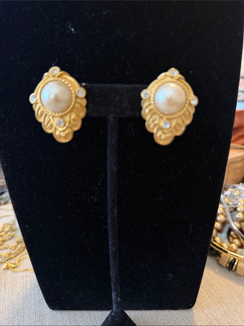 Gold-Tone Pearl Filigree Clip-On Earrings - Cream Pearls
